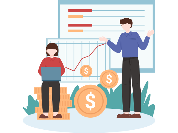 a man and woman standing next to a chart