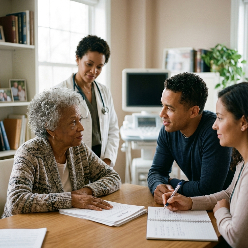 Healthcare agent discussing medical wishes with a family member